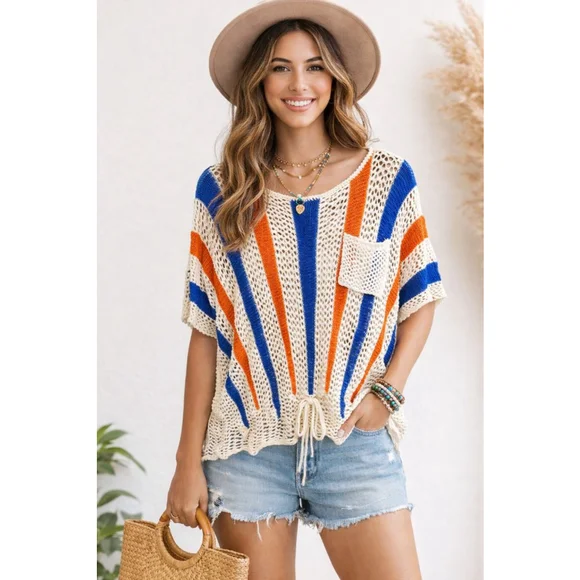 Boho Crochet Top with Drawstring Hem - Striped Knit Pocket Top Oversized - Picture 2 of 9
